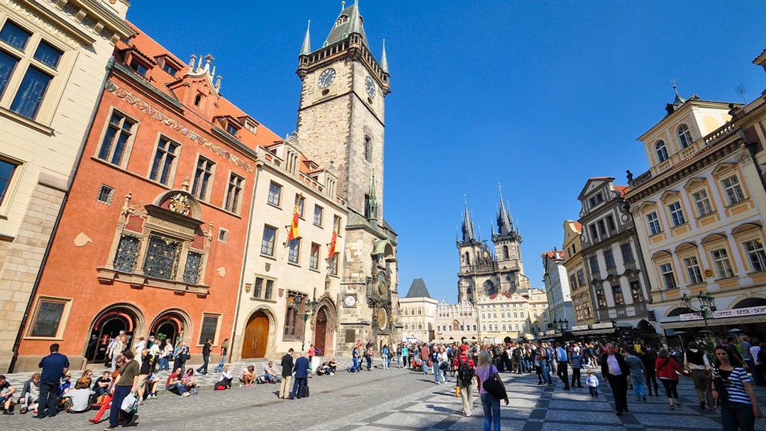 Old Town Square with Prague Astronomical Clock and Tyn Church in Prague.