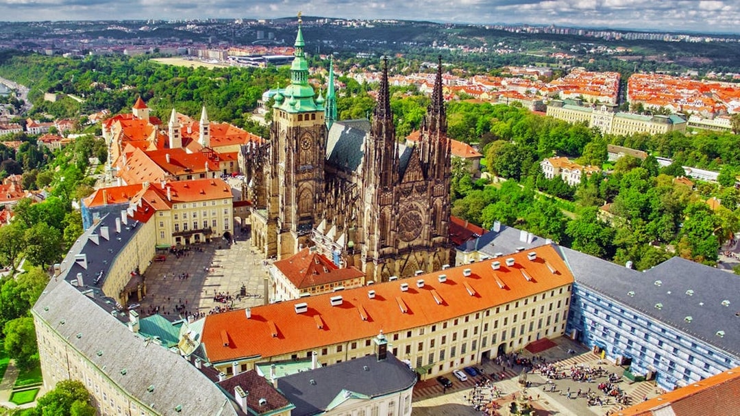 Aerial view of St. Vitus Cathedral and Prague Castle complex in Prague.