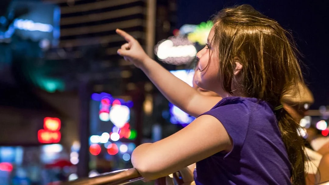 Little girl pointing at lights during Dublin night tour.