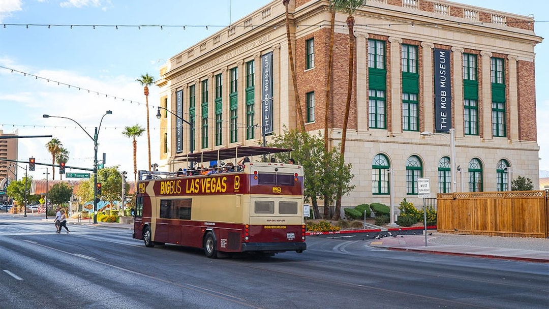 Las Vegas hop-on hop-off bus passing the Mob Museum.