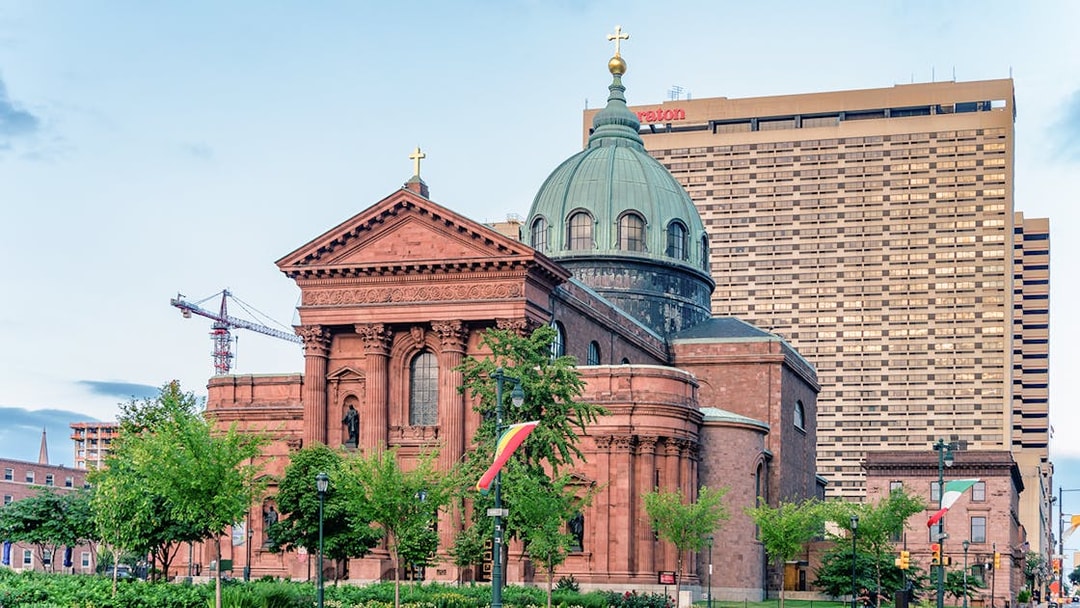 Cathedral Basilica of Saints Peter and Paul with green dome in Philadelphia.