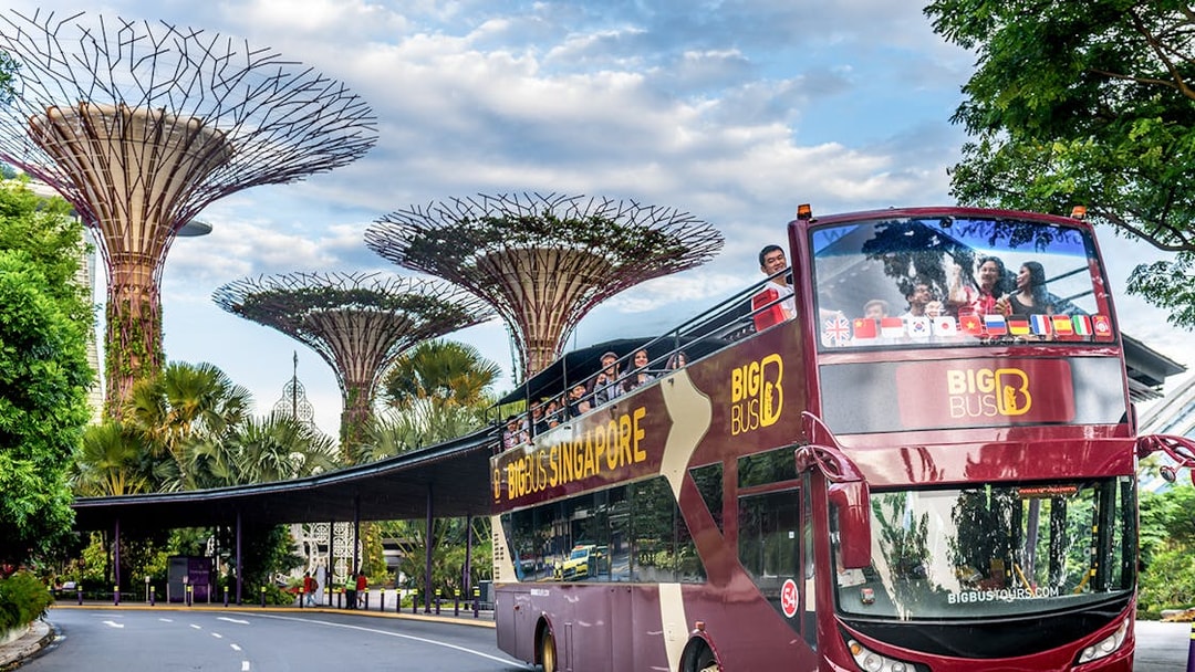 Hop-on hop-off bus near Supertree Grove, Singapore, with tourists on the upper deck.