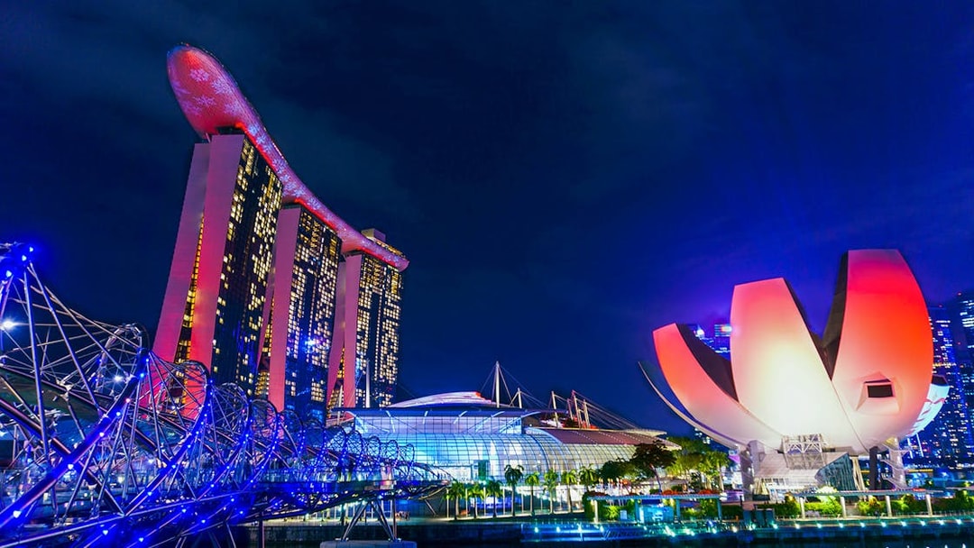 Marina Bay Sands and ArtScience Museum illuminated at night, Singapore Christmas tour.