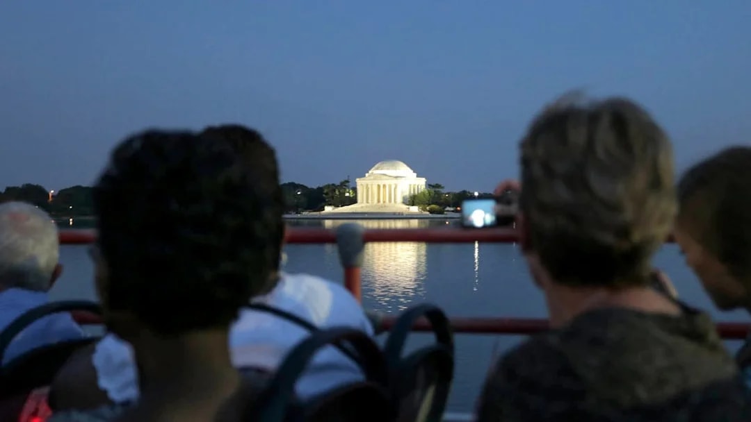 Night view of Jefferson Memorial from a Big Bus tour in Washington, D.C.
