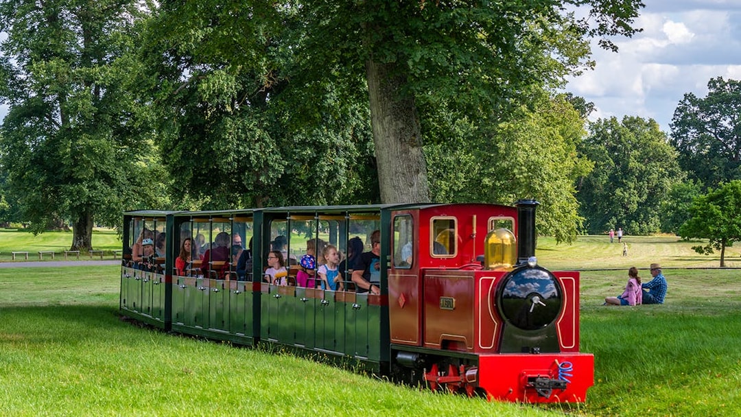 Toy train ride at Blenheim Palace with passengers enjoying the scenic park view.