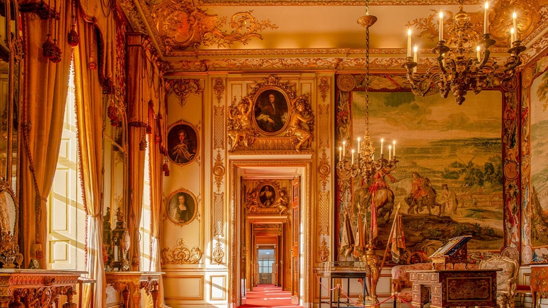 Blenheim Palace State Rooms with ornate chandeliers, portraits, and tapestries.