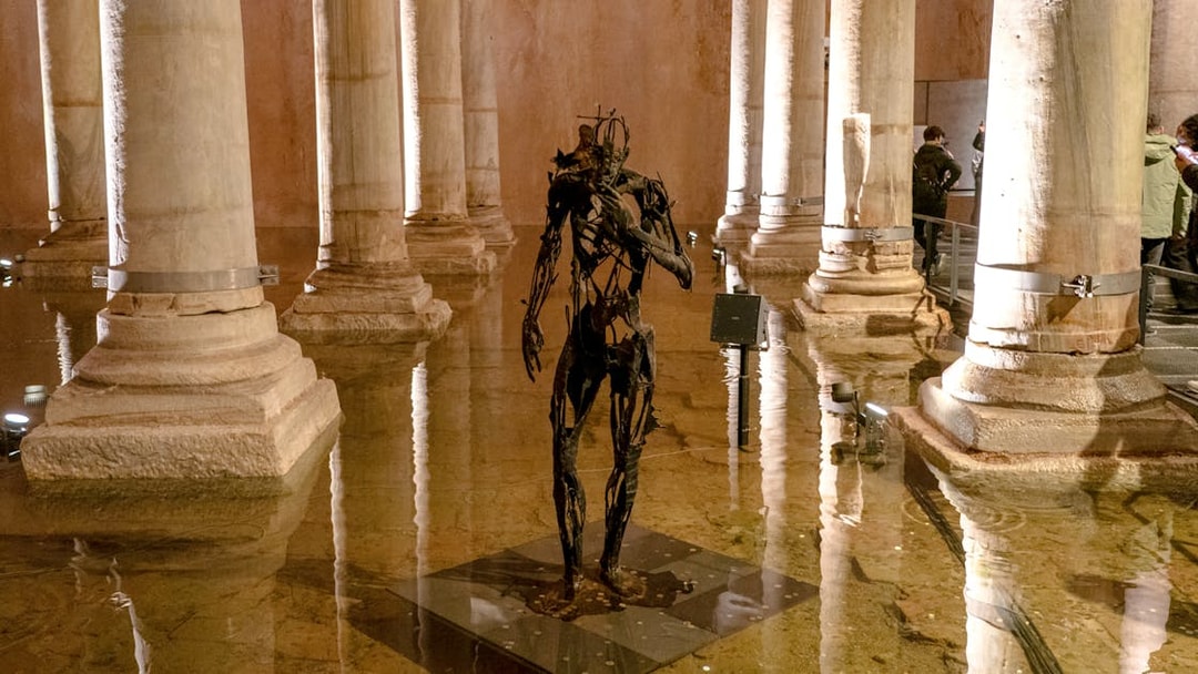 Sculpture among columns in Basilica Cistern, Istanbul.