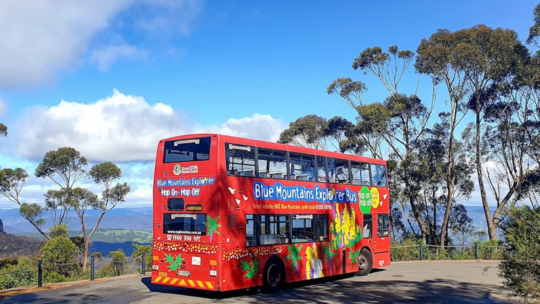 Red double-decker bus on Blue Mountains Hop-On-Hop-Off Tour with scenic view.