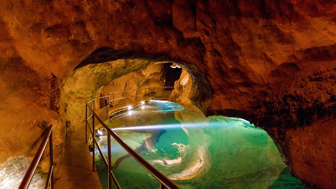 Walkway over water pool in River Cave, Jenolan Caves, Australia.