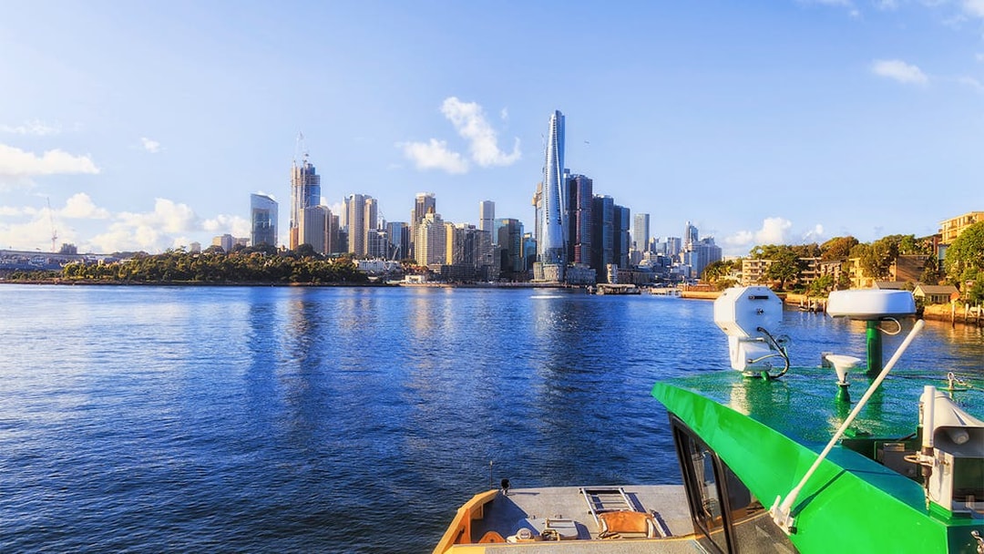 Sydney skyline viewed from a ferry on Parramatta River.