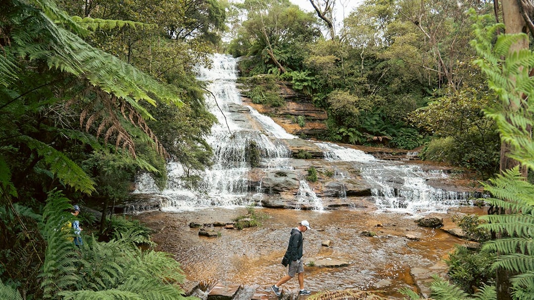 Man walking on rocks in front of Katoomba Cascades waterfall, surrounded by lush greenery.