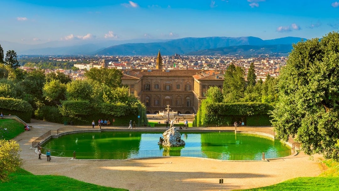 Boboli Gardens with view of Florence and Pitti Palace in the background.
