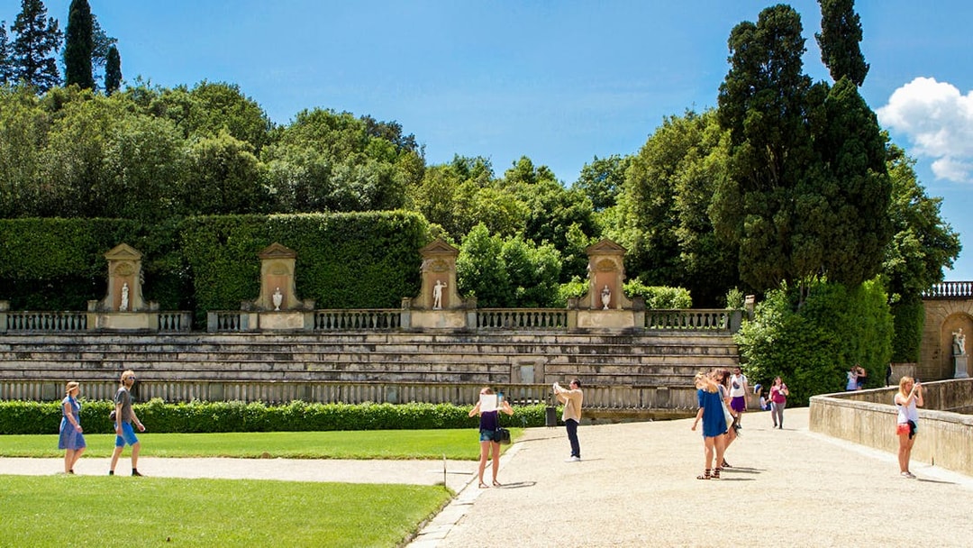 Tourists at the historic Amphitheatre in Boboli Gardens, Florence, Italy.