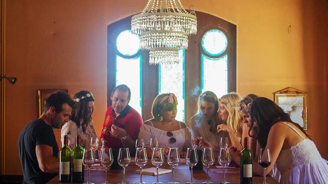 Wine tasting session in Saint-Emilion with a group of people under a chandelier.