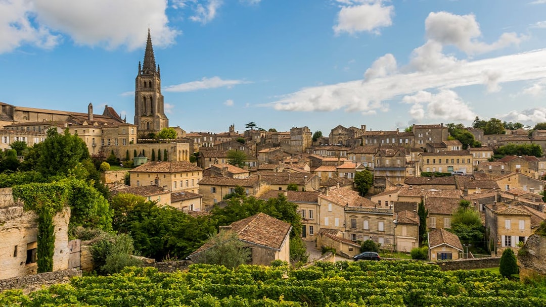 Saint Emilion village with vineyards and church tower under blue sky.
