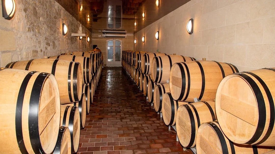 Wine barrels in a cellar during a Saint Emilion winery tour.