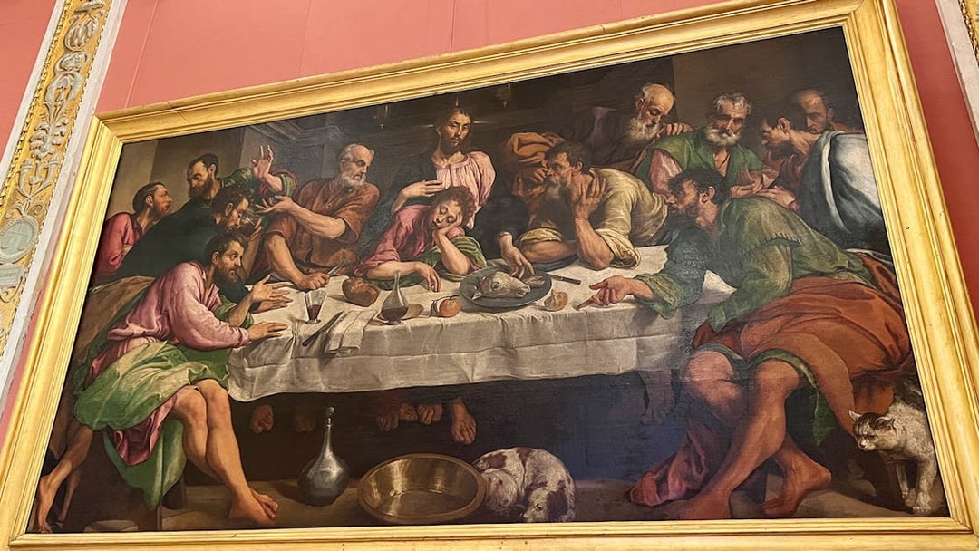 Jacopo Bassano's Last Supper painting at Borghese Gallery, Rome, depicting apostles around a table.