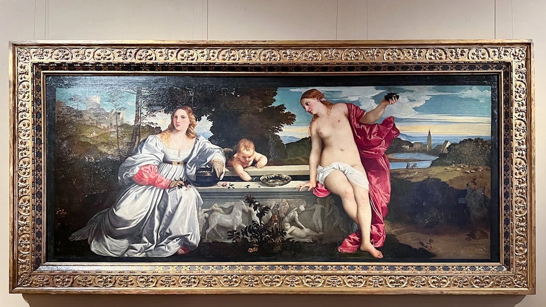 Borghese Gallery painting featuring three figures in a landscape setting.