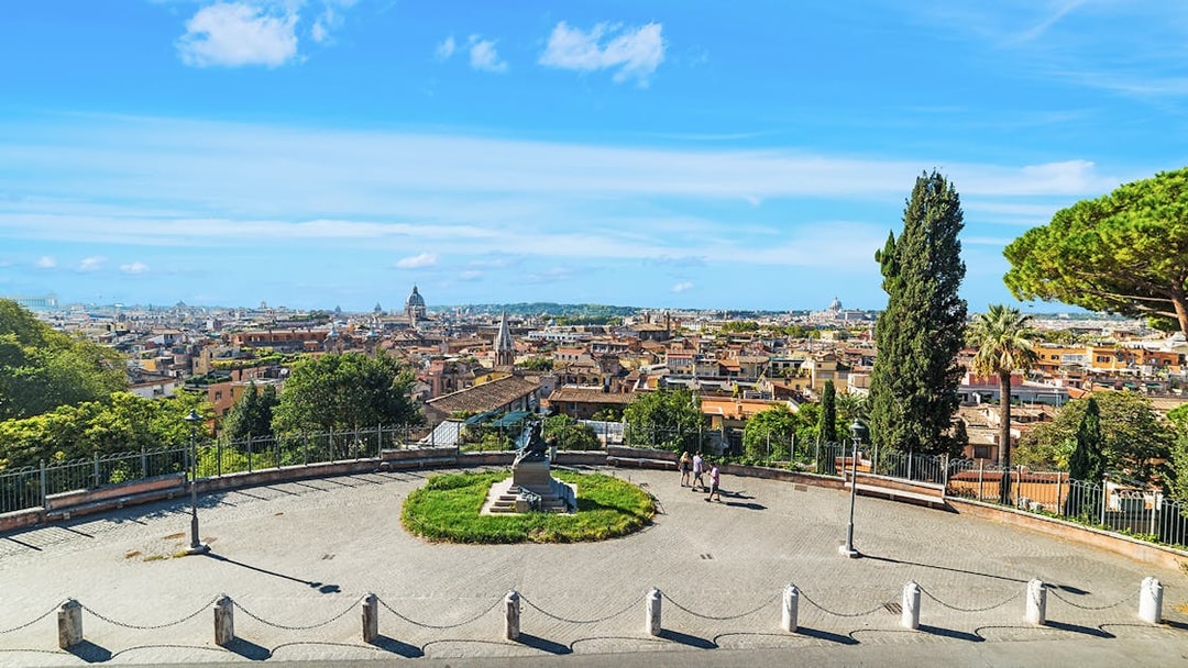 Cityscape of Rome from Pincio terrace with distant domes and skyline.