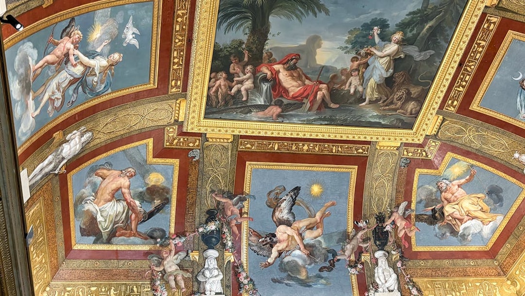 Borghese Gallery ceiling frescoes depicting mythological scenes in Rome, Italy.