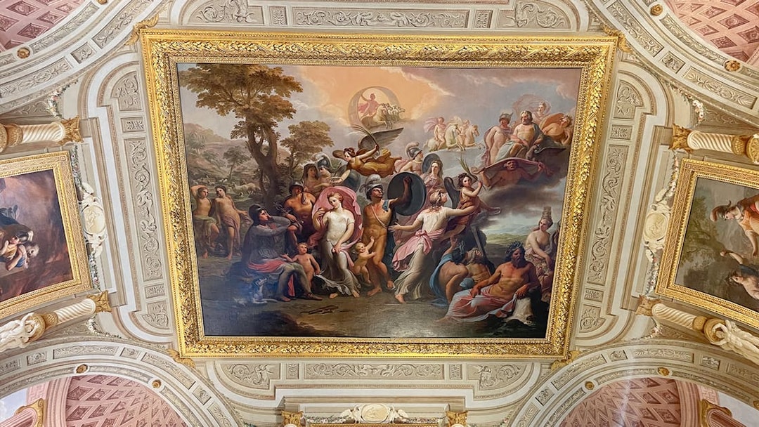 Borghese Gallery ceiling fresco depicting mythological figures in Rome, Italy.