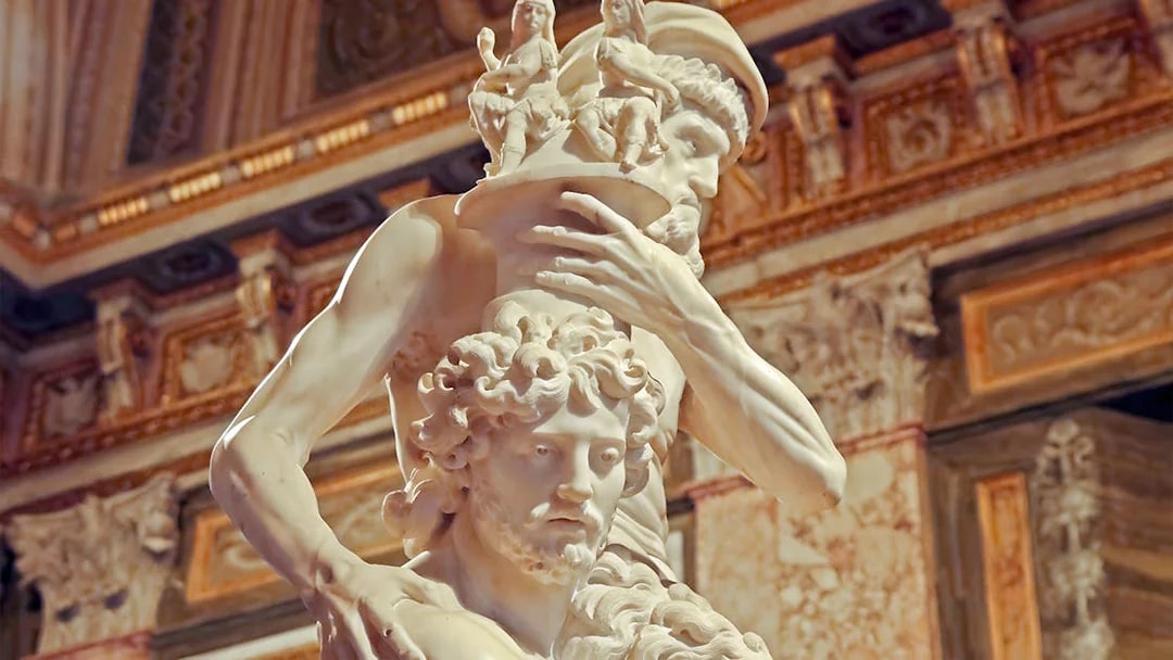 Borghese Gallery statue detail with intricate carvings and classical figures.