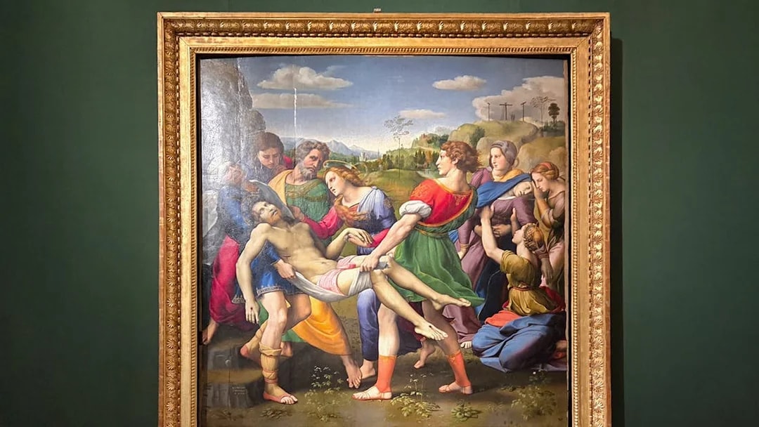 Deposition painting by Raphael at Borghese Gallery, Rome, depicting Christ's descent from the cross.