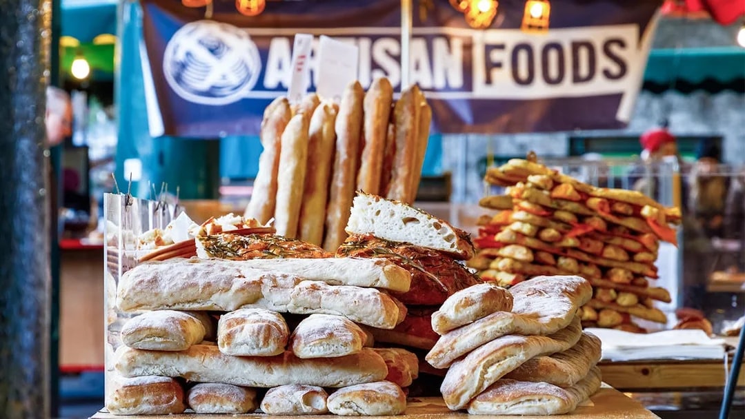 Artisan bread display at Borough Market, London, part of the Eating London: Borough Market & Bankside Food Tour.