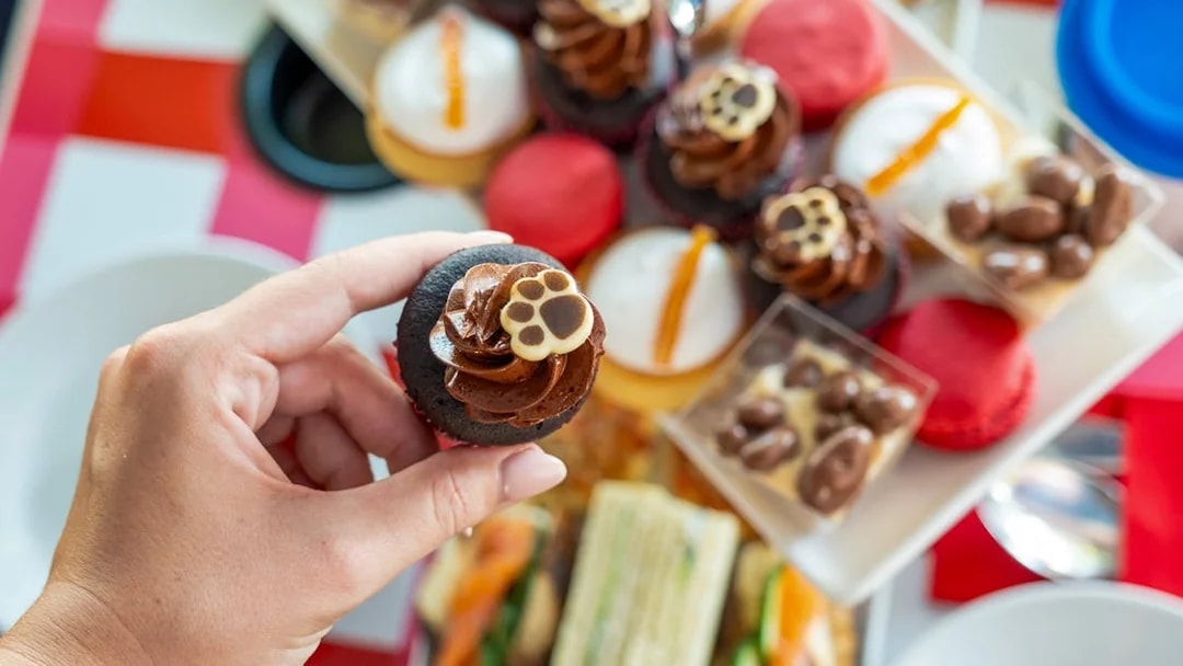 Hand holding a chocolate cupcake with paw print design, part of Paddington Afternoon Tea Bus spread.