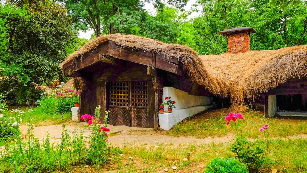 Traditional thatched-roof house at Dimitrie Gusti National Village Museum, Bucharest.