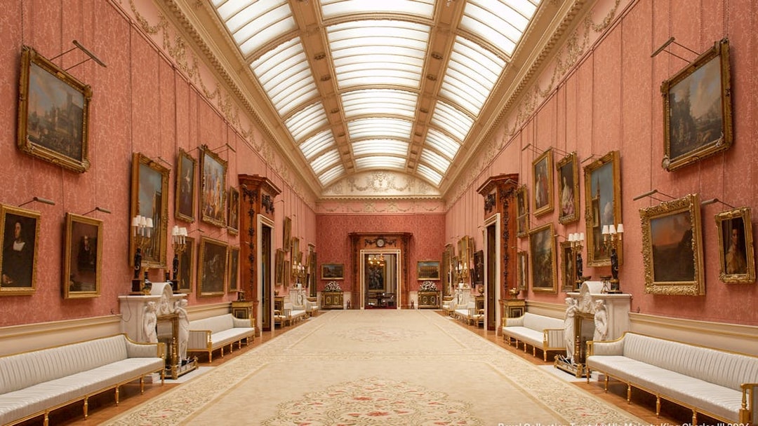 Buckingham Palace Picture Gallery with ornate paintings and elegant decor.