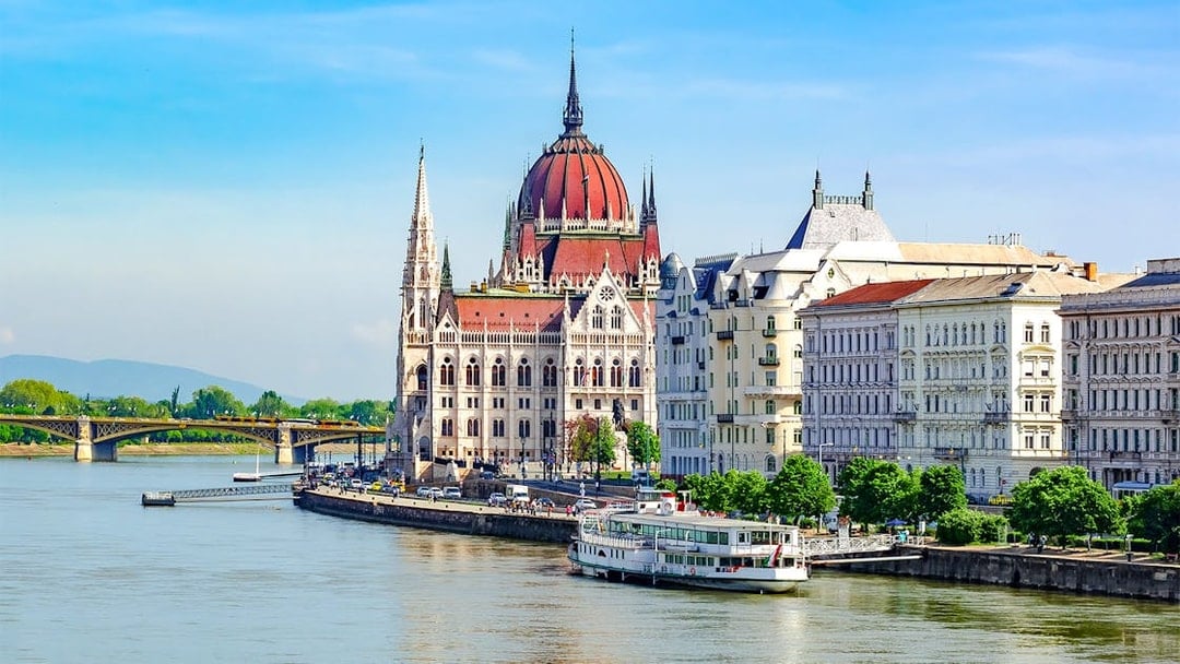 Hungarian Parliament Building along the Danube River in Budapest.