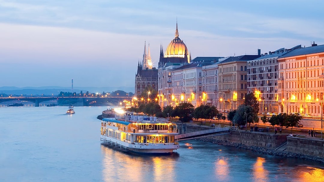 Silverline cruise on the Danube River with Budapest Parliament in the background on New Year's Eve.