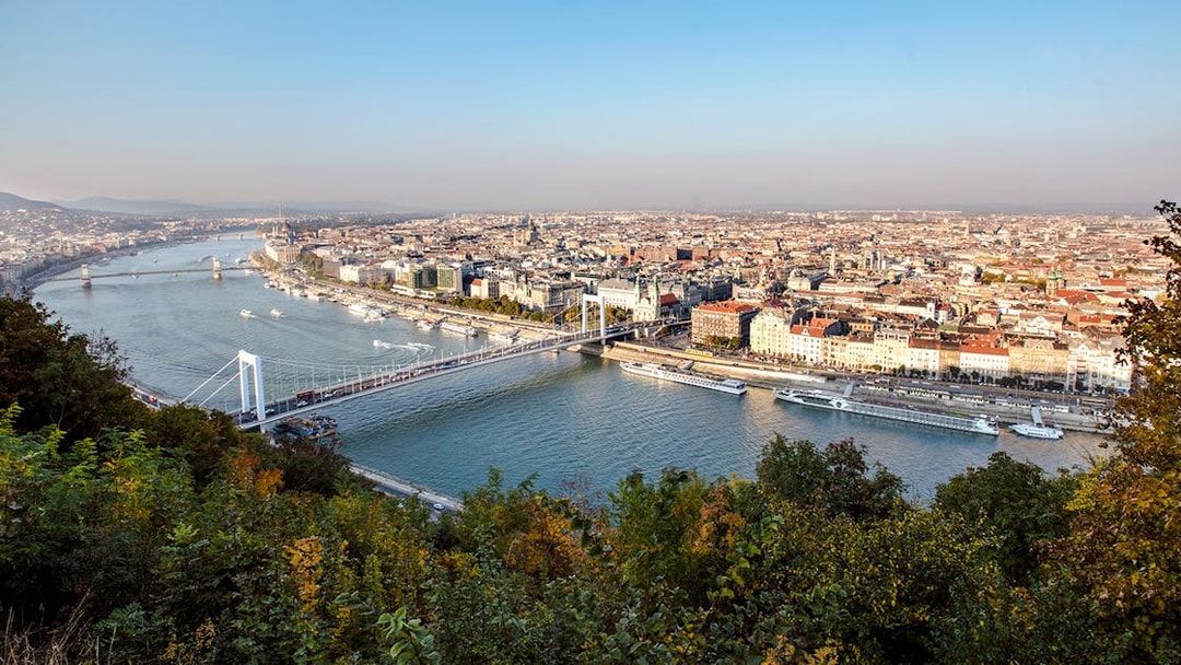 Erzsébet Bridge view from Gellért Hill on Grand City Tour with Parliament visit in Budapest.