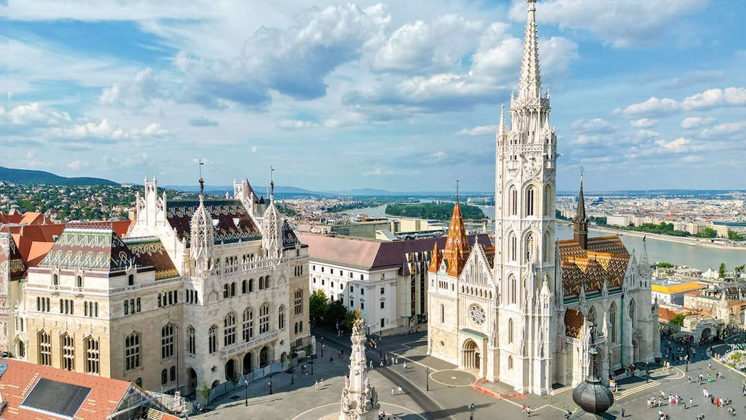 Panoramic view of Our Lady of Buda Castle Church and Fisherman's Bastion, Budapest, Hungary.