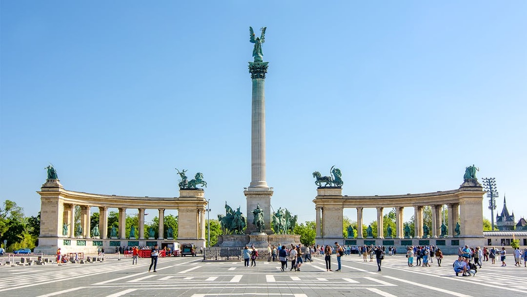 Heroes' Square in Budapest, Hungary with Millennium Monument and statues.