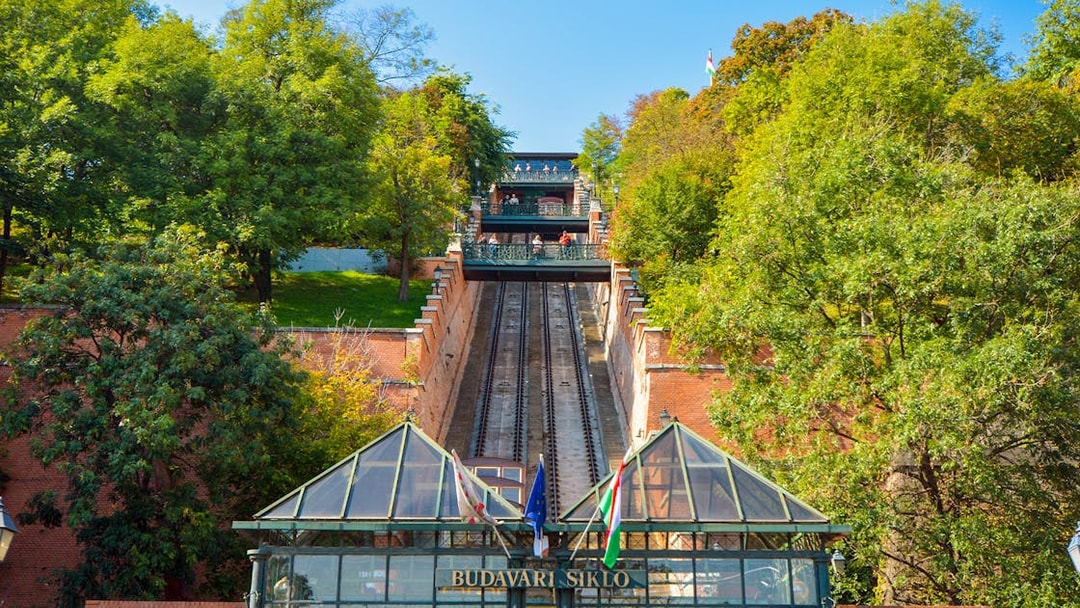 Budapest Castle Hill Funicular tracks leading up through lush greenery.