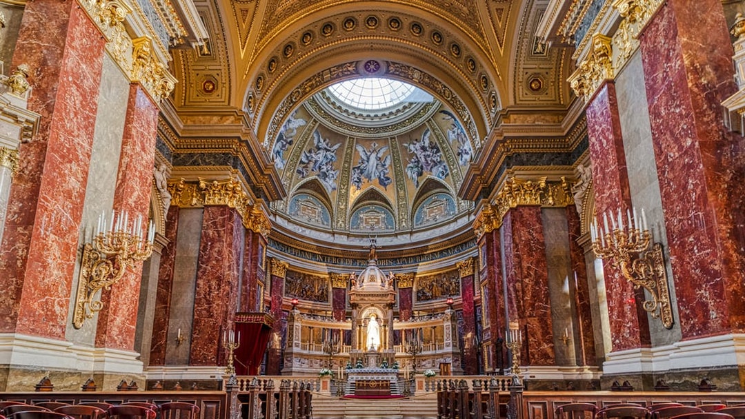 St. Stephen's Basilica interior with ornate dome and altar, Budapest, Hungary.