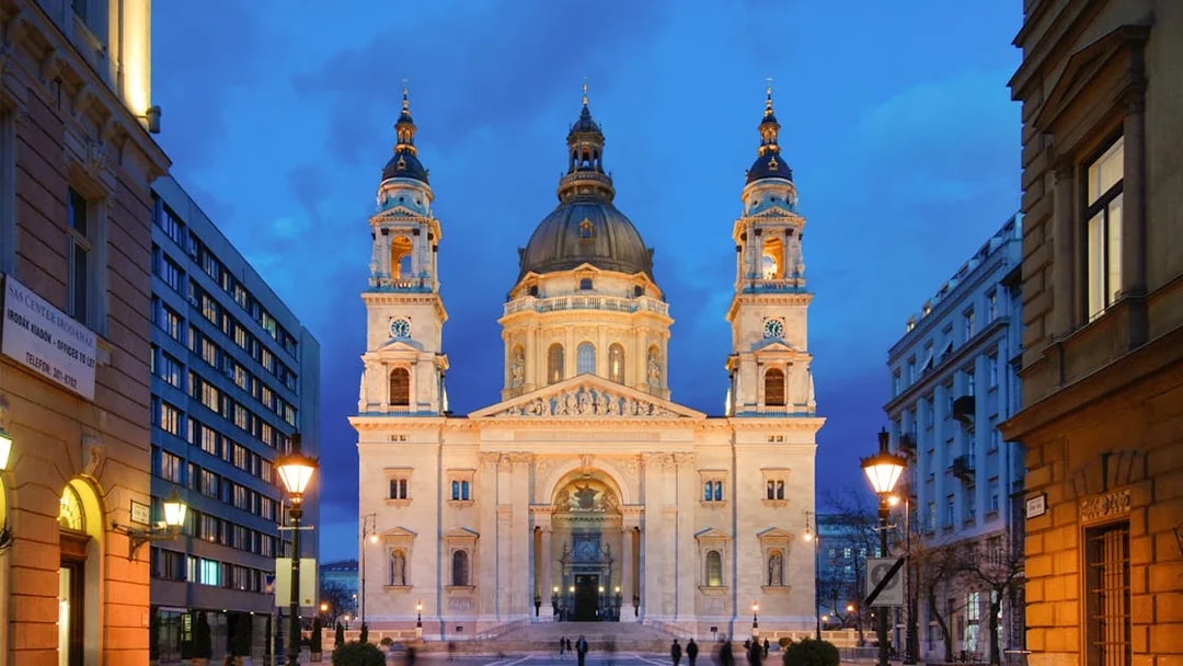 St. Stephen's Basilica exterior at dusk, Budapest, Hungary.