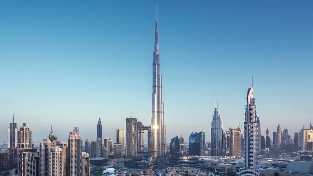 Burj Khalifa towering over Dubai skyline, UAE.
