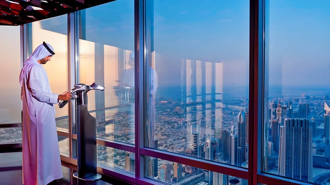 Viewing platform at Burj Khalifa, Dubai, with cityscape view from Levels 124 and 125.