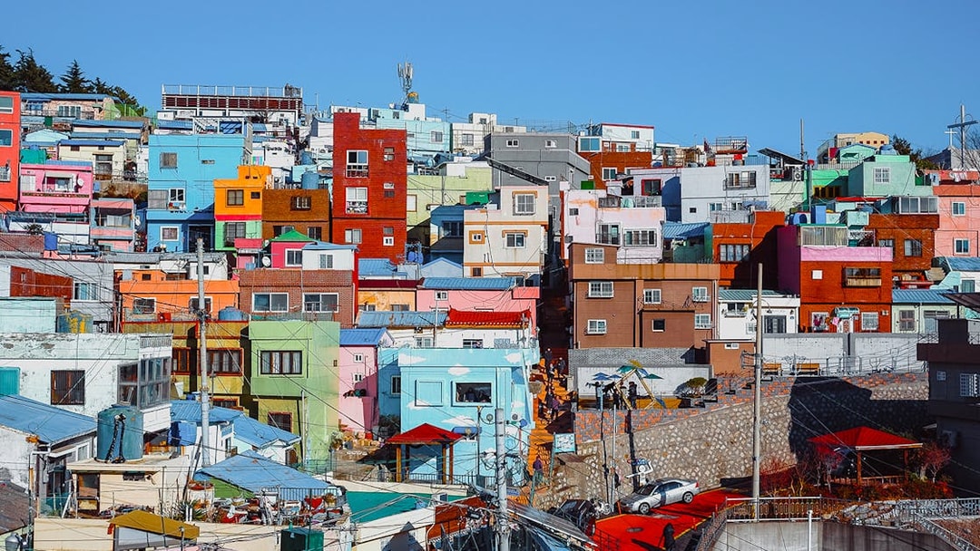 Colorful houses in Gamcheon Culture Village, Busan, part of the Blueline Park Sky Capsule Tour.
