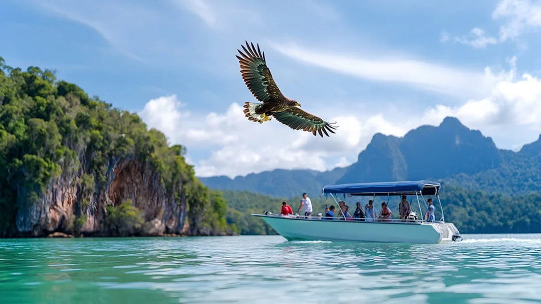 Eagle flying over speedboat with tourists during Langkawi Island hopping tour.