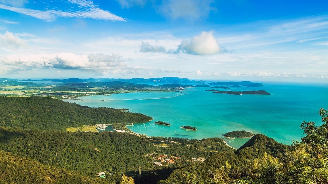 Langkawi island view with tropical forests and turquoise waters, Malaysia.