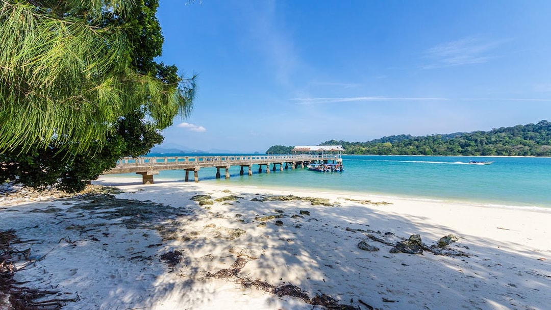 Pier and beach at Beras Basah, Langkawi Island Hopping Cruise.