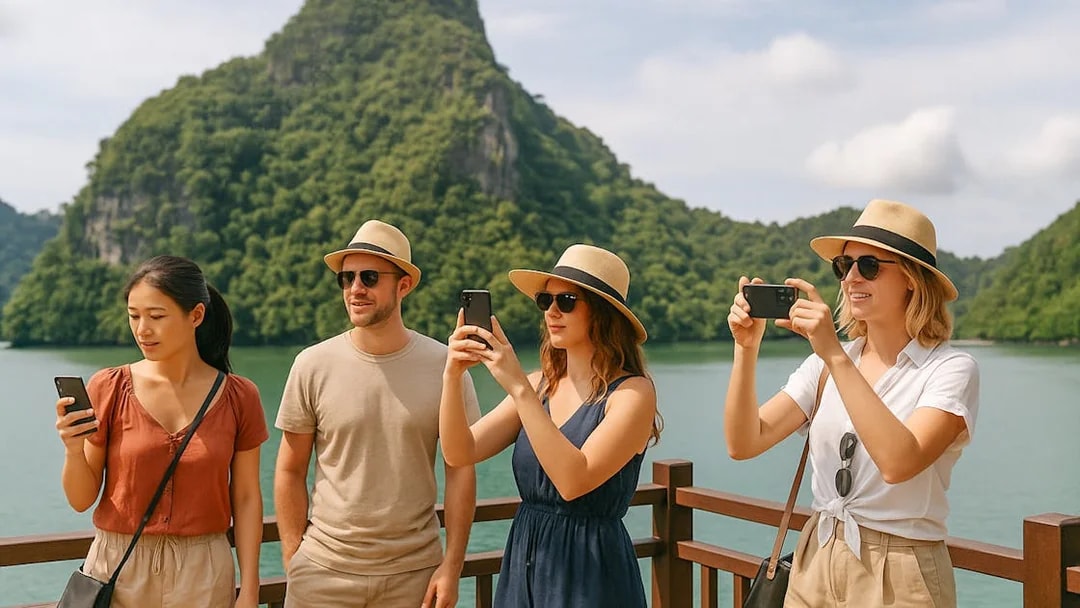 Tourists photographing scenery at Pulau Dayang Bunting viewpoint, Langkawi Island Hopping.