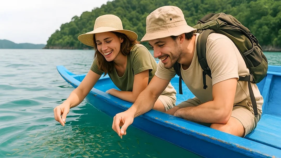 Couple feeding fish from a speedboat during Langkawi Island Hopping tour.