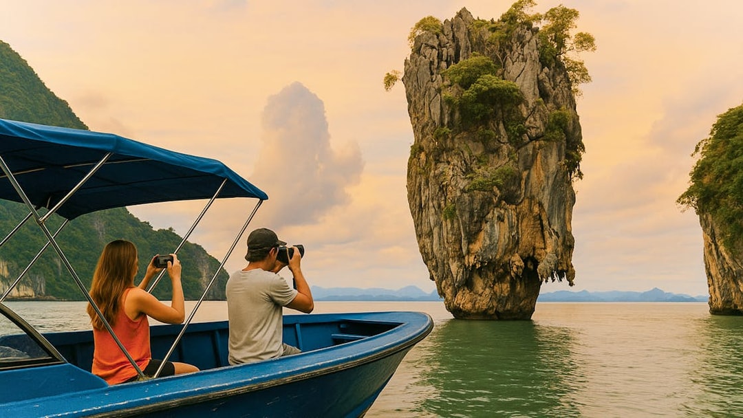 Tourists photographing Lion Rock from a speedboat during Langkawi Island Hopping.