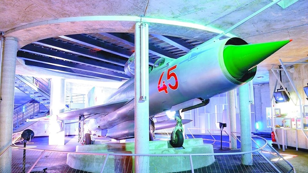 Jet fighter exhibit at Caen Memorial Museum, part of D-Day Landings tour.