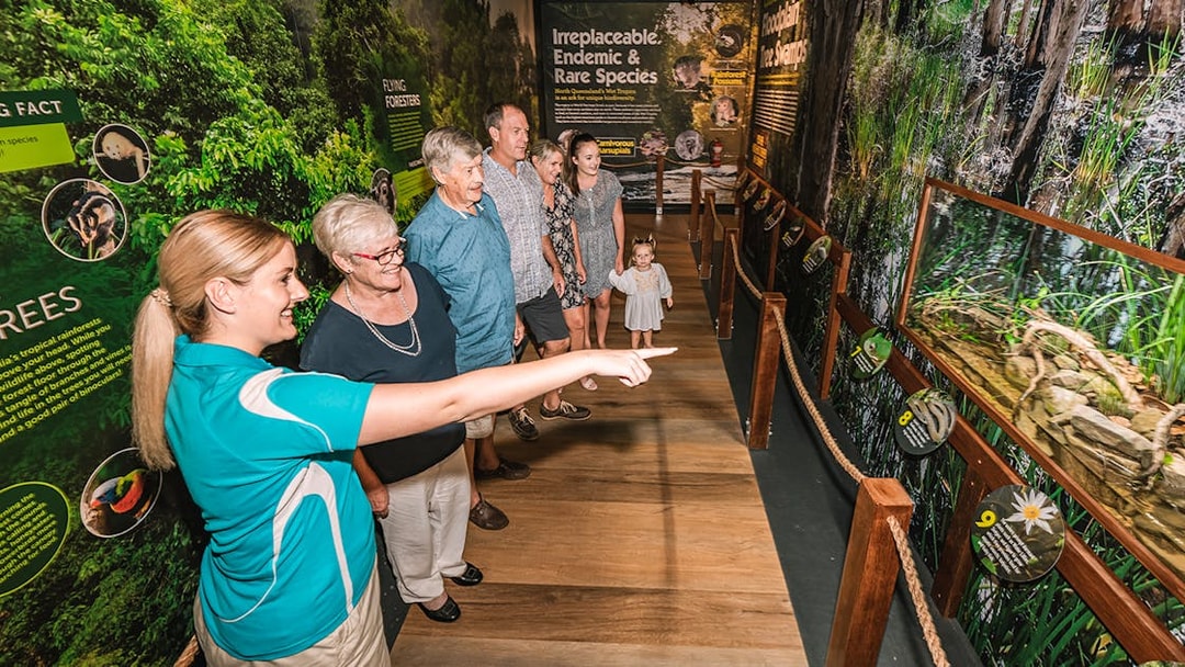 Visitors exploring exhibits at Cairns Aquarium by Twilight tour.